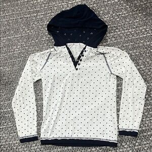 Tangerine | Navy and White Polka Dot Long Sleeve Tee With Hood